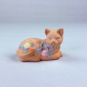Vintage 1988 Price Products Ceramic Cat Figurine Peach‎ Floral Ribbon Bow Taiwan